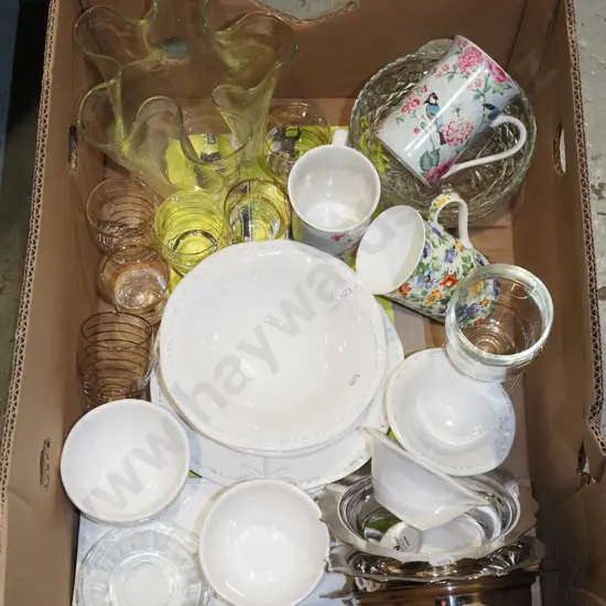 box; glass tumblers, coffee cups, bowls etc