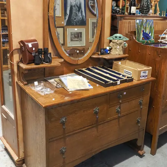 oak 5 drawer mirror back dresser with oval mirror - some silvering H1730 W1060 D500