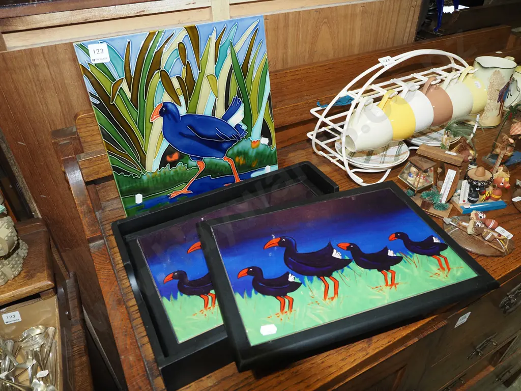 pukeko ceramic tile, 4x ceramic pukeko placemats in box Image 1++