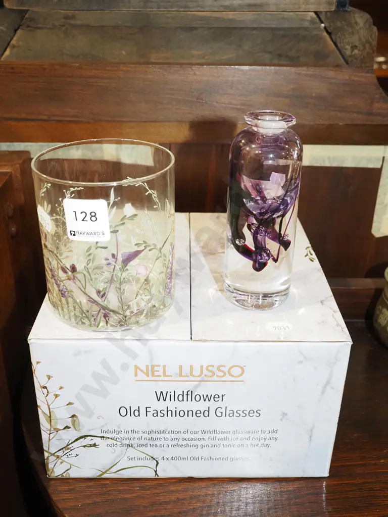 boxed set of 4x old fashioned wildflower glasses, Hoglund glass bottle - no stopper Image 1++