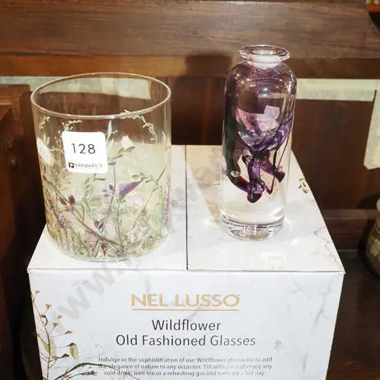 boxed set of 4x old fashioned wildflower glasses, Hoglund glass bottle - no stopper