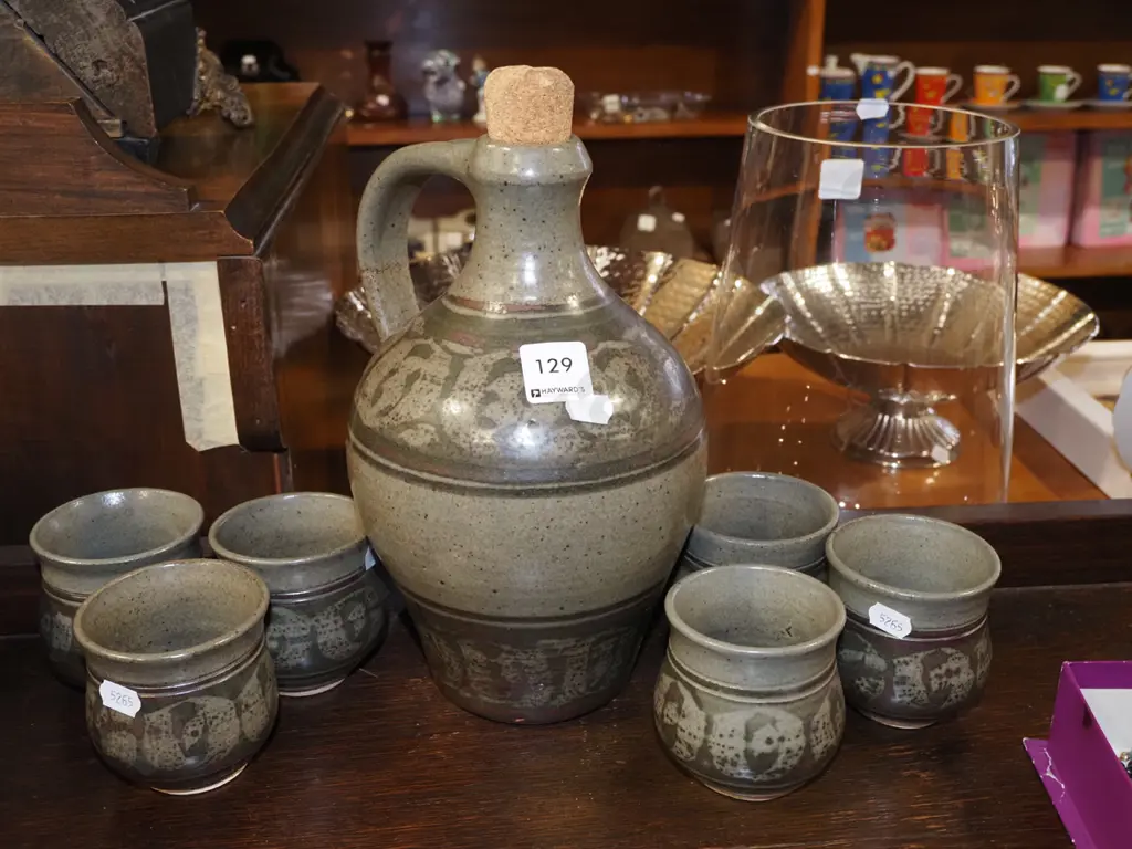 studio pottery stoppered bottle, 4x tumblers Image 1++