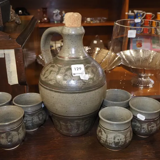 studio pottery stoppered bottle, 4x tumblers