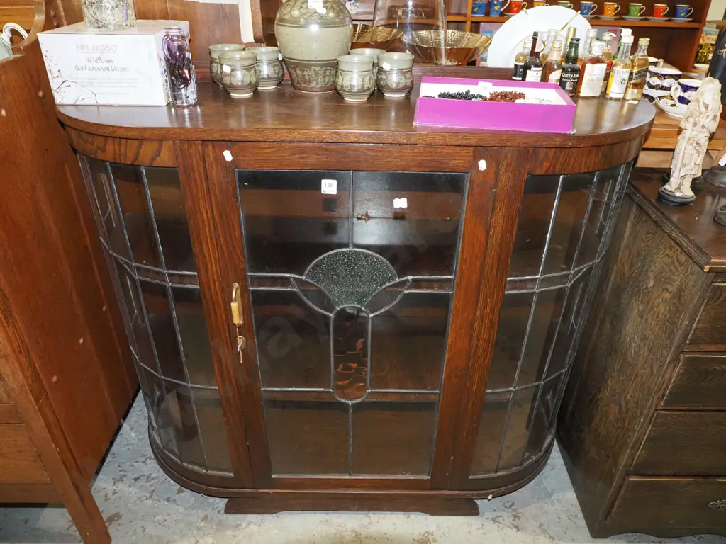 deco oak and leadlight china cabinet -some wear to varnish on top H1060 W1800 - Key in Office Image 1++
