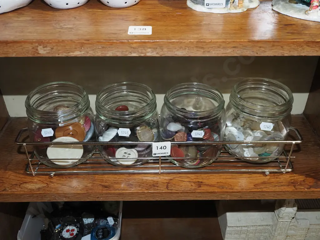 4x jars of buttons, metal rack Image 1++