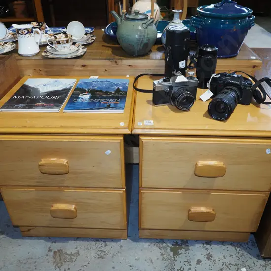 pair of mdf rimu veneer bedside cabinets - scratched to top