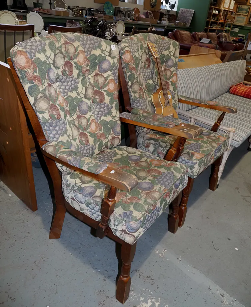 pair of wood and autumn fruits upholstered invalids chairs - need a clean Image 1++