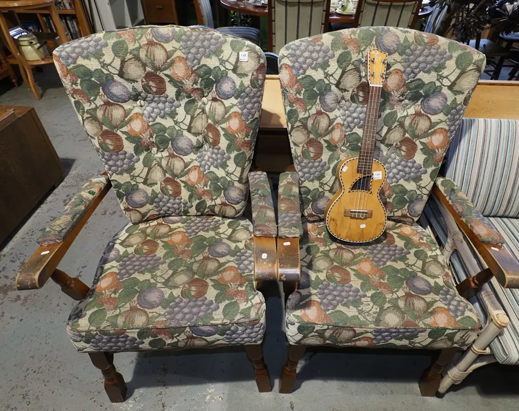 pair of wood and autumn fruits upholstered invalids chairs - need a clean Image 1++