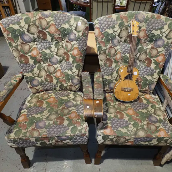 pair of wood and autumn fruits upholstered invalids chairs - need a clean