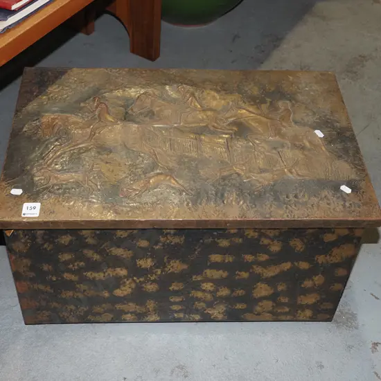 beaten brass wood box - hunting scene