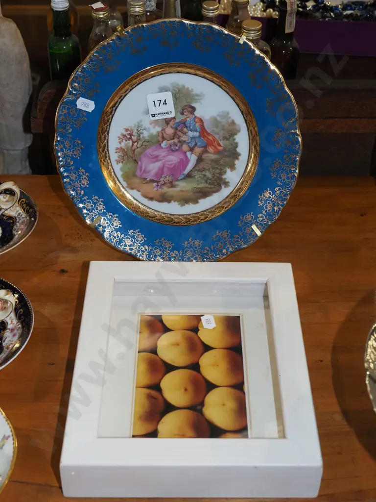 Limoges plate, stand, framed peaches print Image 1++