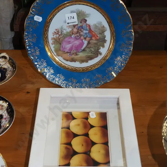 Limoges plate, stand, framed peaches print
