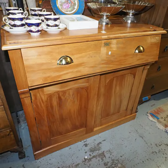 New Zealand colonial heart rimu 2-door cupboard with slide-out drop-front writing bureau top,