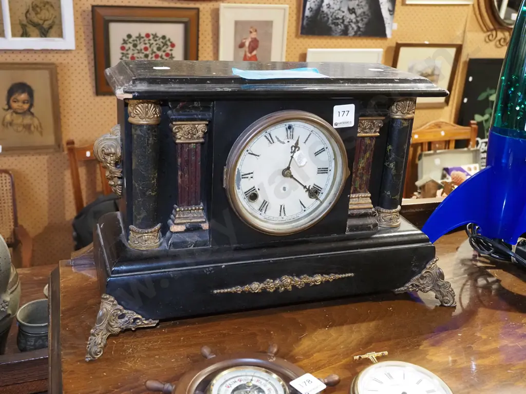 wood cased mantel clock with ormolu mounts - wear, no key H280 Image 1++