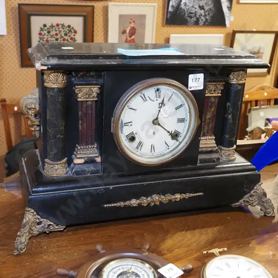 wood cased mantel clock with ormolu mounts - wear, no key H280