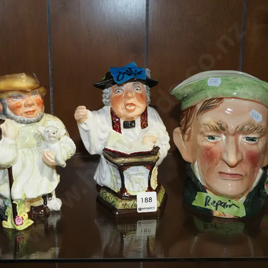 3x toby jugs - 1 has chip, 1 has repair