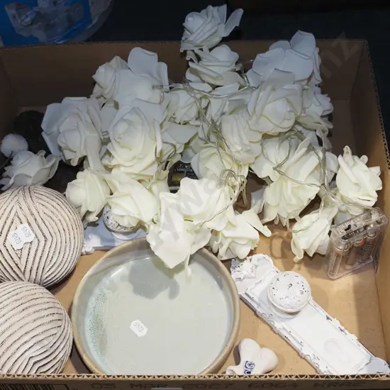 box; decorative balls, illuminated faux roses etc