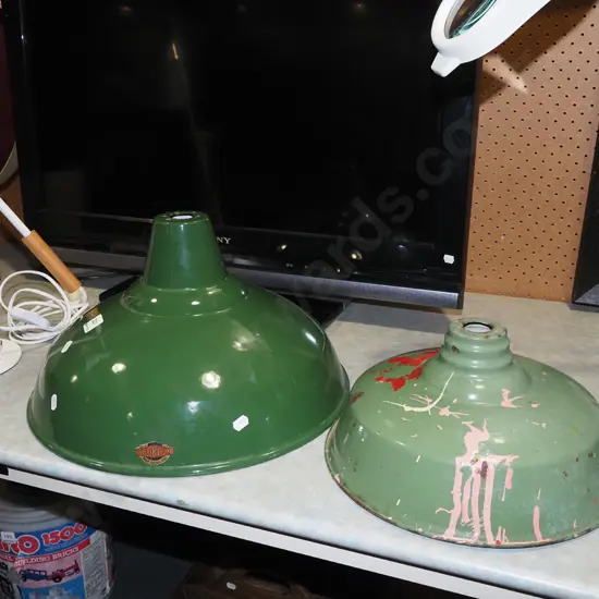 2x industrial light shades - 1 in good condition, 1 in poor condition Largest Diam400