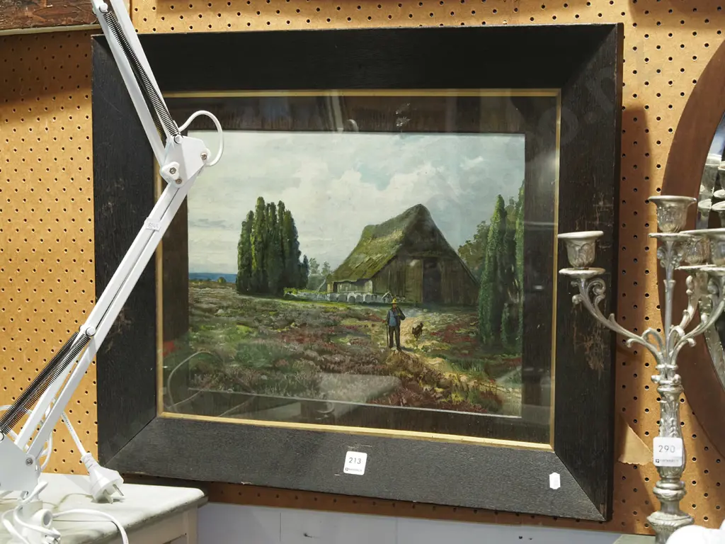 oak framed print - farmer, dog and barn Image 1++