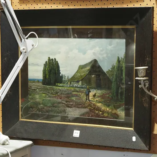 oak framed print - farmer, dog and barn