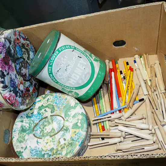 box; vintage tins, pencils, pens