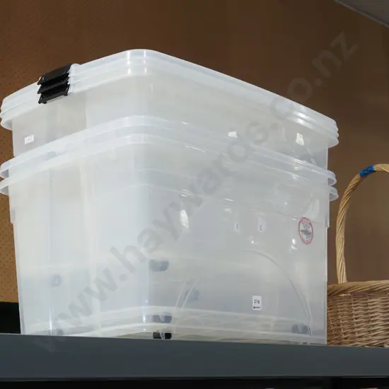 3x plastic 60L storage bins  with lids