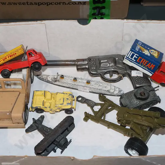 box; toy gun, toy vehicles etc