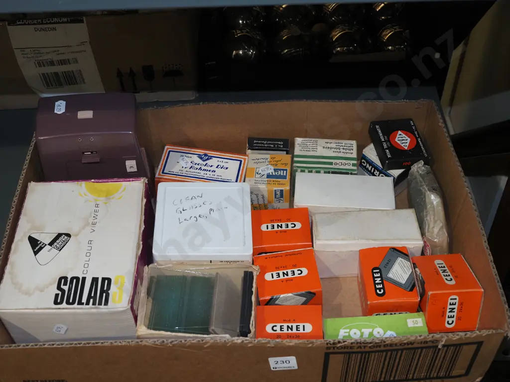 box; various glass slide projector slides, viewers etc Image 1++