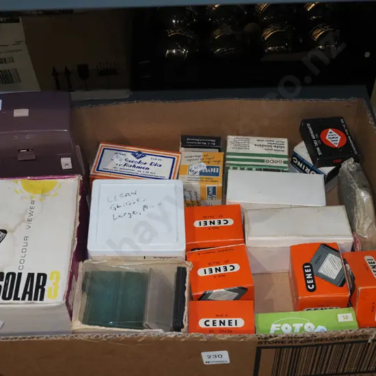 box; various glass slide projector slides, viewers etc