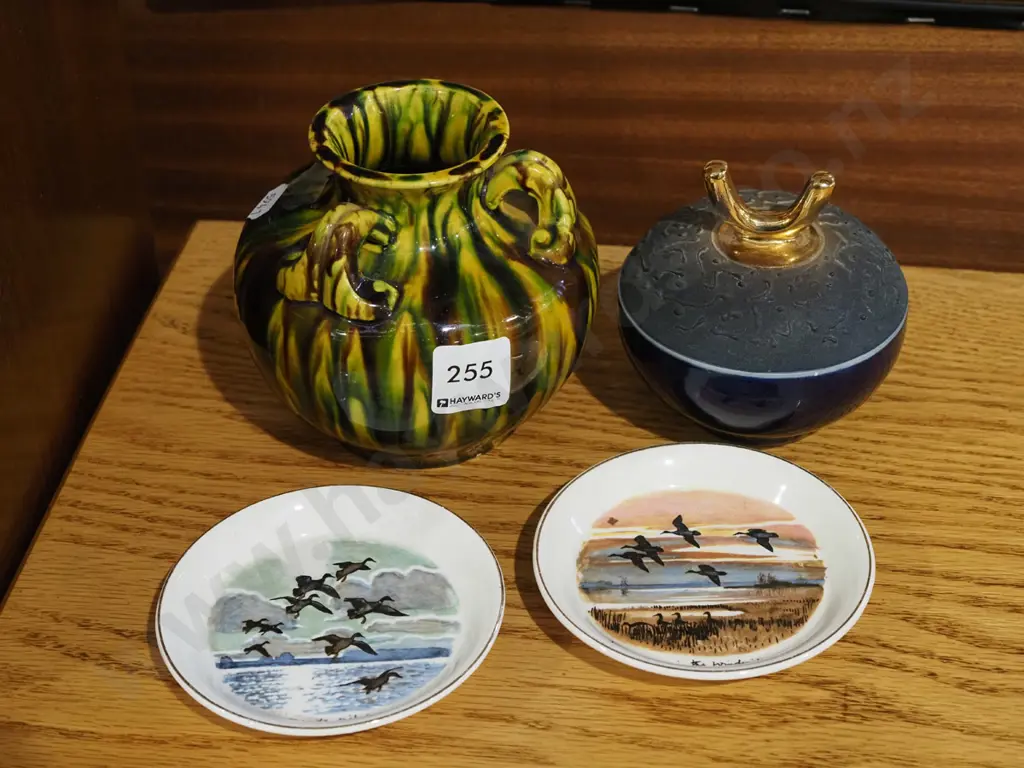 2x pin dishes, trickle glazed vase, ceramic cover pot Image 1++