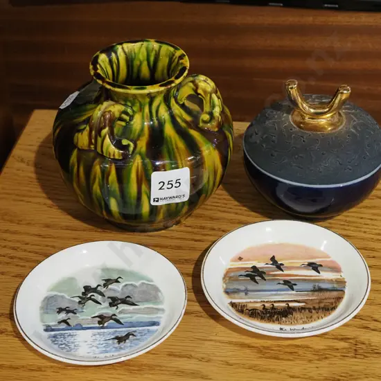 2x pin dishes, trickle glazed vase, ceramic cover pot