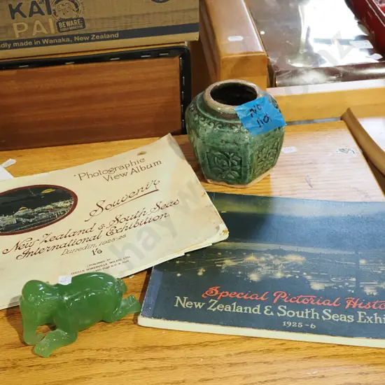 South Seas Exhibition box, elephant figurine, ginger jar - no lid