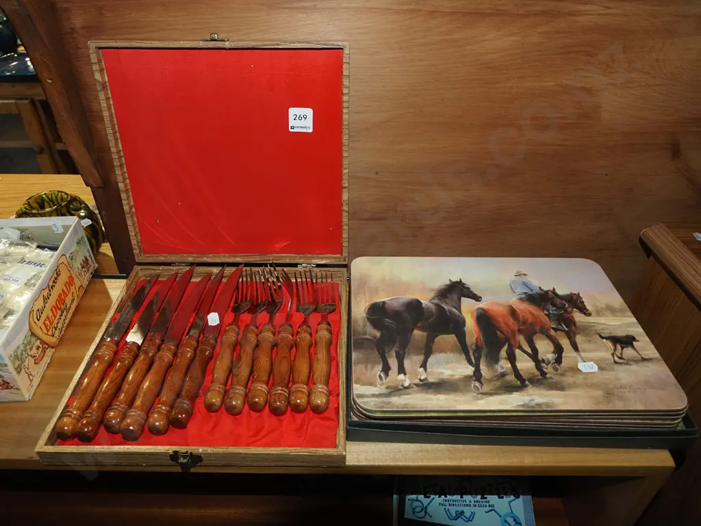 cased wooden handled steak knives and forks, farming scene placemats Image 1++