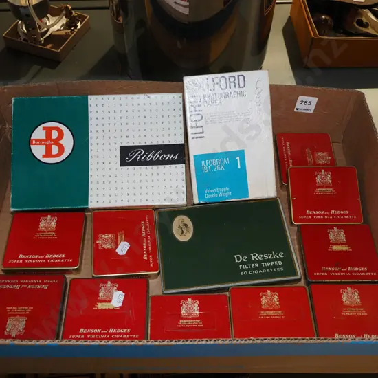 box; tobacco tins, 2 cardboard boxes