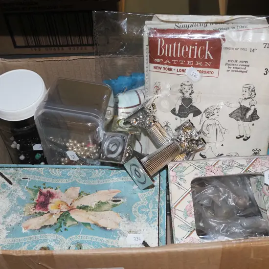 box; ribbons, cake decorating stand, patterns etc