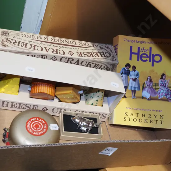 box; book, clockwork cheese and crackers, alarm bell, pig tape measure etc