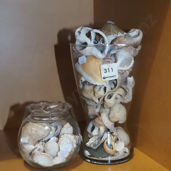 2x vases of seashells