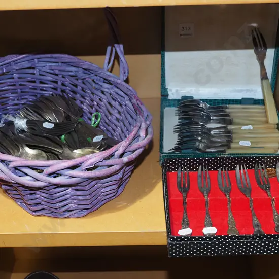 cane basket, cutlery, 2x sets of cake forks