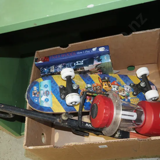 box; sporting books, camping lantern, wheel lock etc