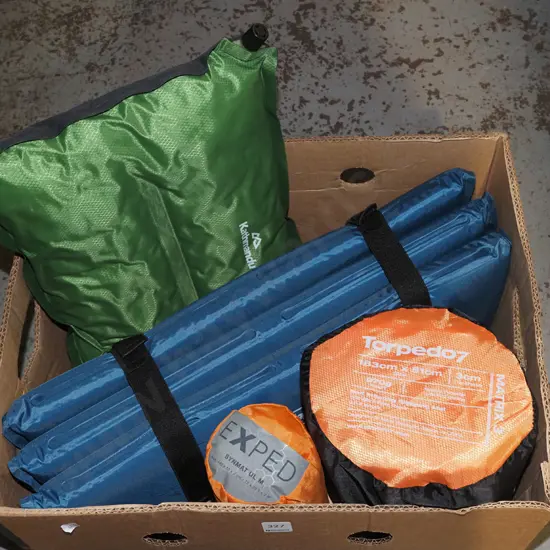 box; camping beds and pillow