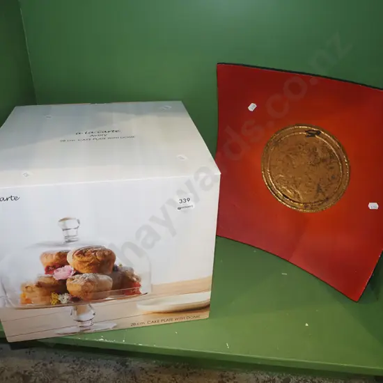 large square ceramic fruit bowl, boxed 28cm cake plate with dome