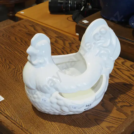 white ceramic chicken themed bowl