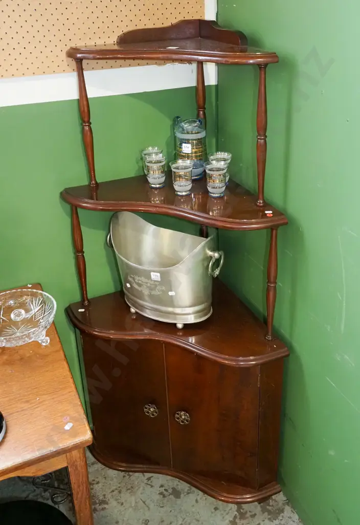 mdf mahogany corner what not - 3 tier over 2 door cupboard H1420 W500 D500 Image 1++