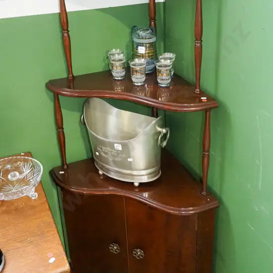 mdf mahogany corner what not - 3 tier over 2 door cupboard H1420 W500 D500