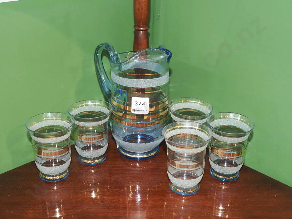 small blue glass water jug, 5 tumblers Jug H190 Image 1++