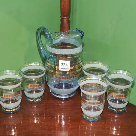 small blue glass water jug, 5 tumblers Jug H190
