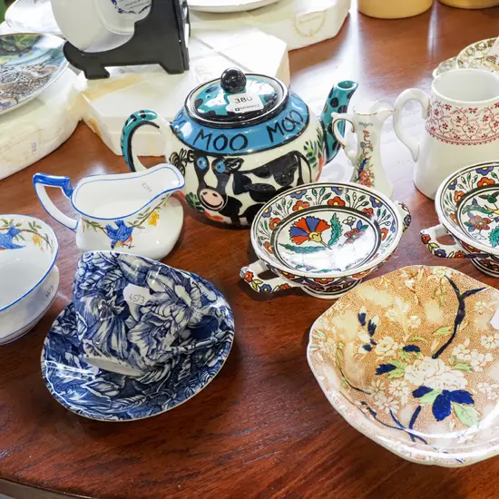 studio pottery teapot, small comports, cups etc