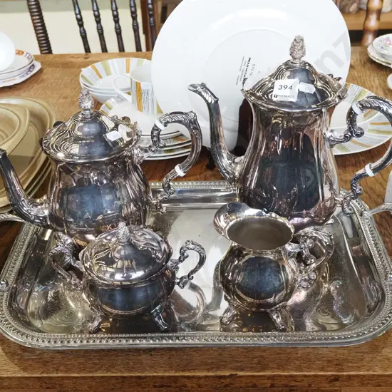 plated teapot, creamer, sugar etc