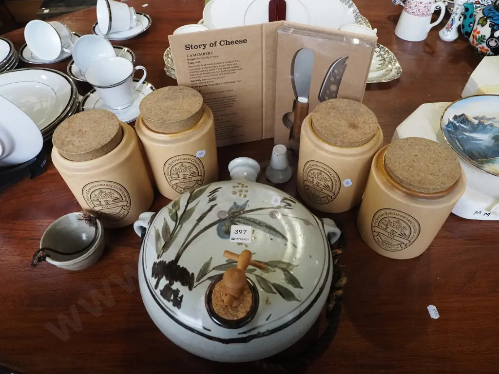 4x lidded canisters, cheese knives, pottery wall flask with spiggot and cup Image 1++