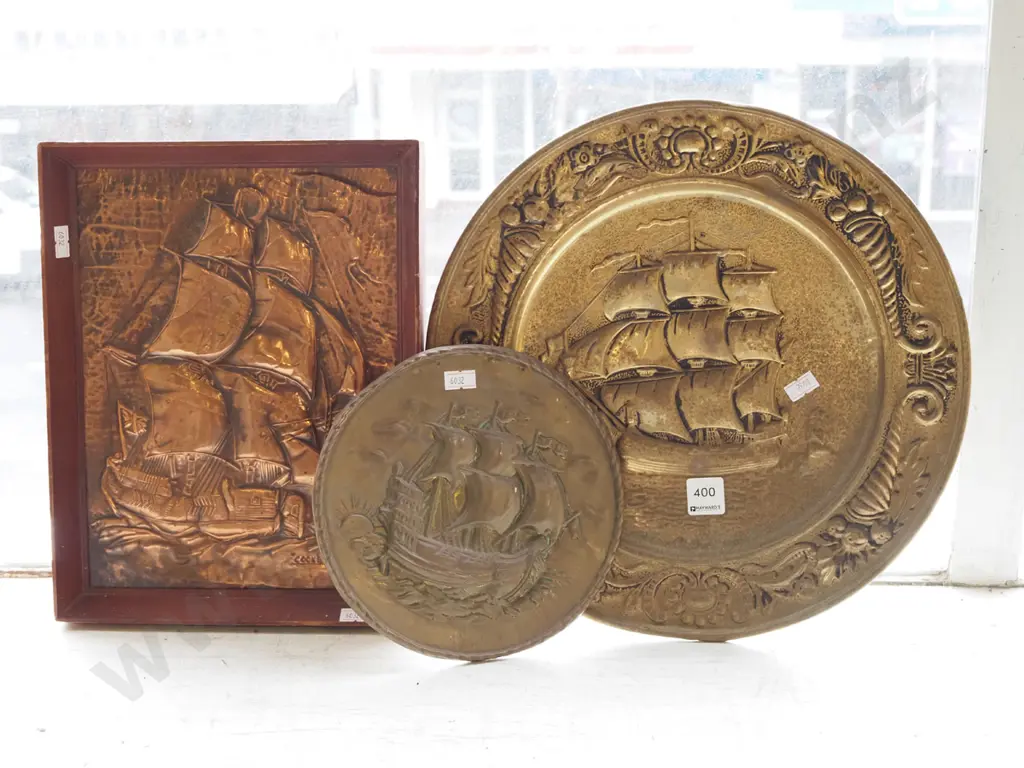 2x brass wall chargers, framed copper artwork - sailing ships  Image 1++